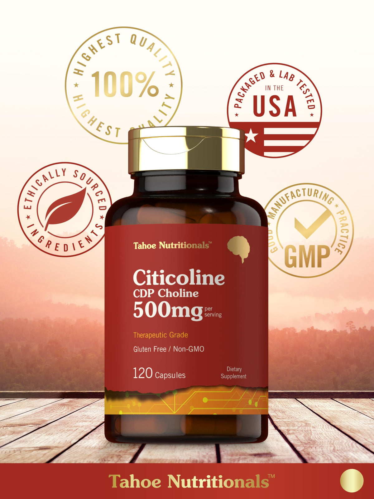 Tahoe Nutritionals Citicoline 500mg | 120 كبسولة | مكملات CDP Choline | درجة علاجية | خالي من الغلوتين، غير معدّل وراثيًا