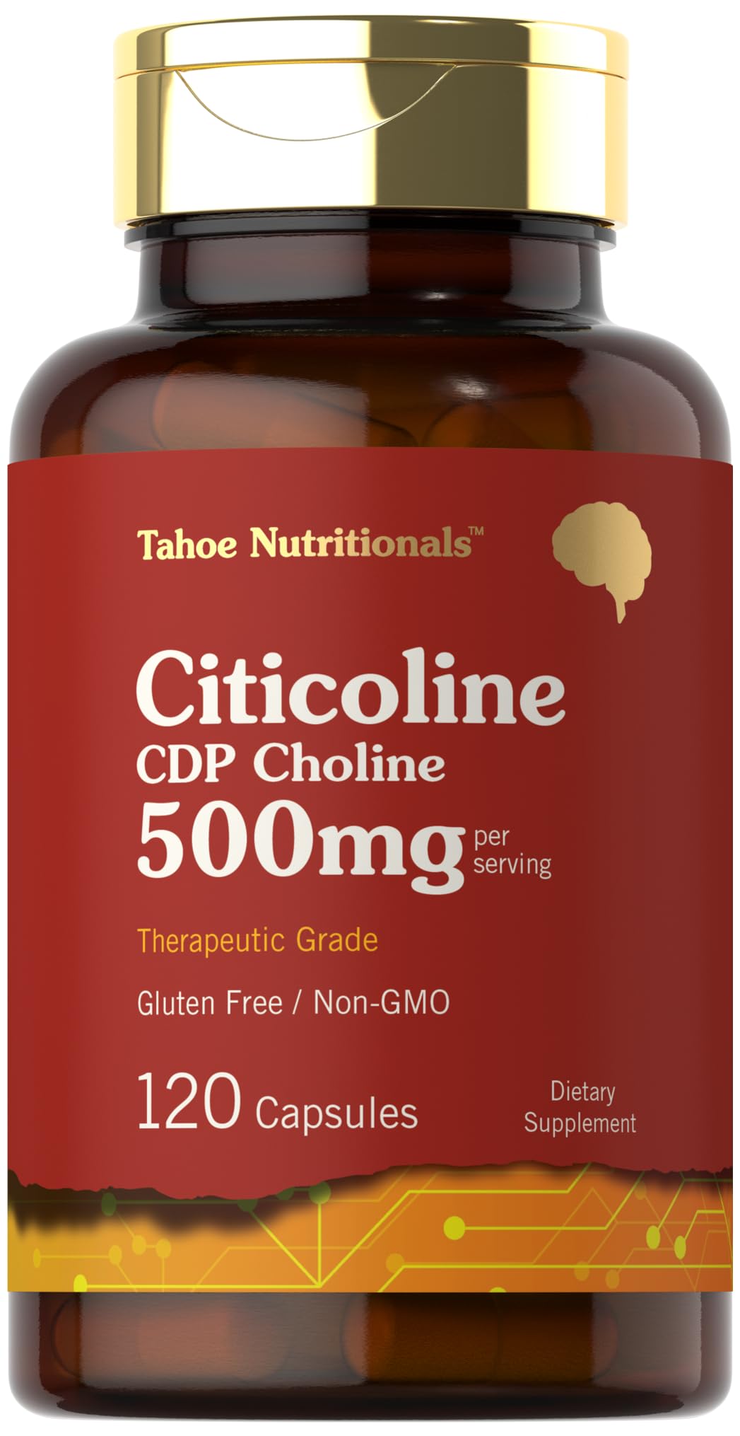 Tahoe Nutritionals Citicoline 500mg | 120 كبسولة | مكملات CDP Choline | درجة علاجية | خالي من الغلوتين، غير معدّل وراثيًا