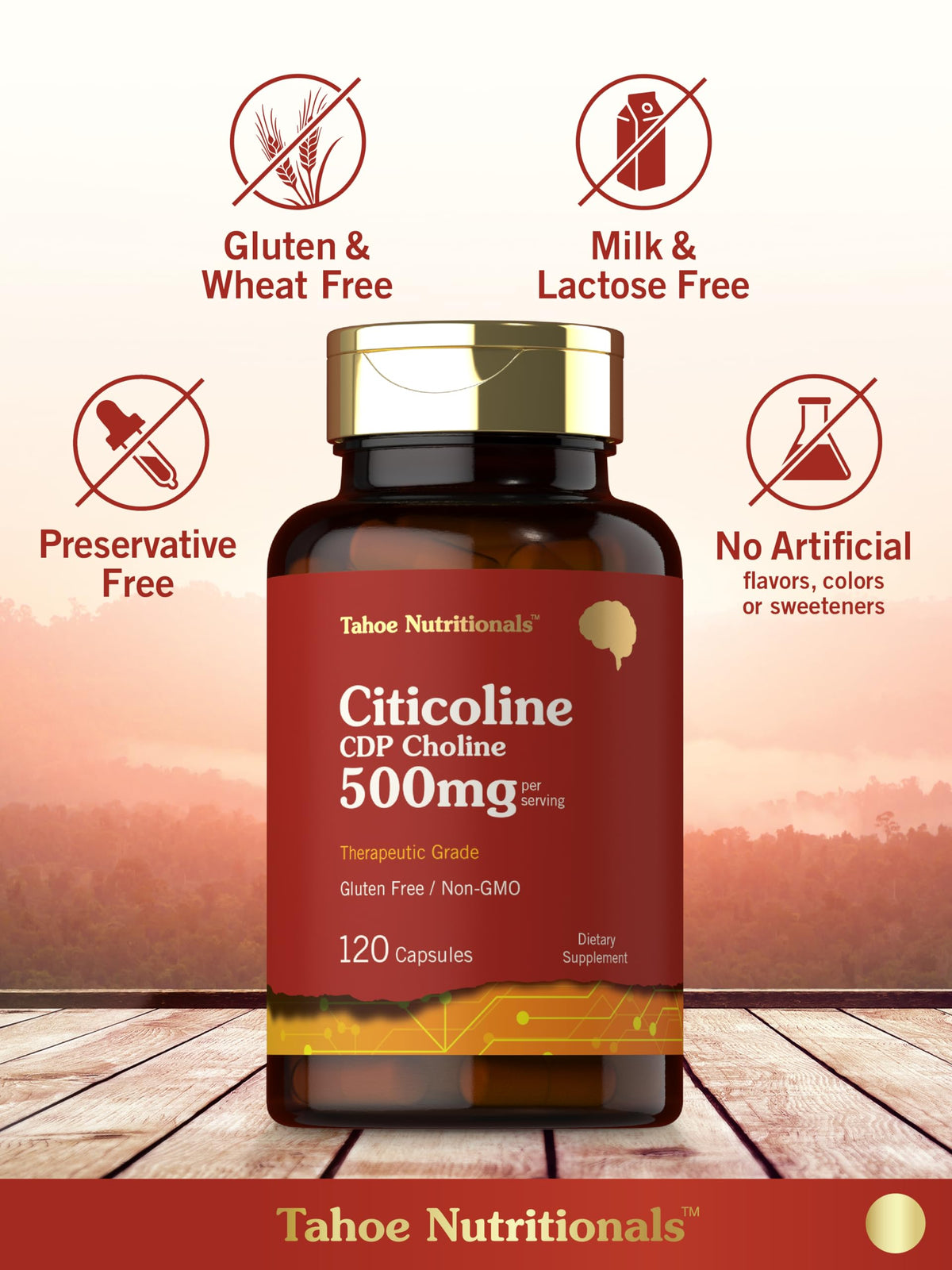 Tahoe Nutritionals Citicoline 500mg | 120 كبسولة | مكملات CDP Choline | درجة علاجية | خالي من الغلوتين، غير معدّل وراثيًا