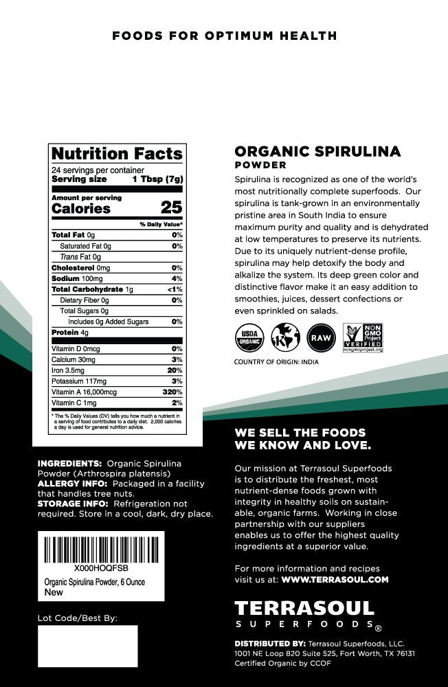 Terrasoul Organic Spirulina Powder 6oz β Vegan Protein & Immune Support