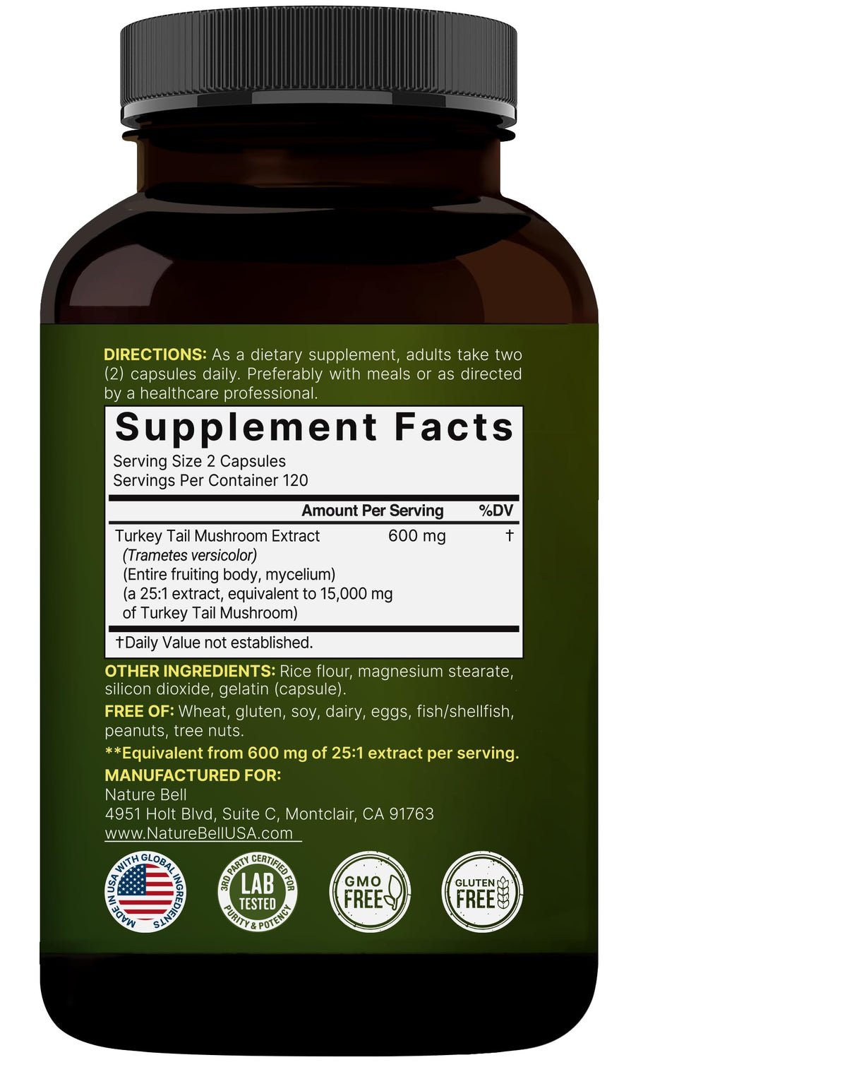 كبسولات فطر ذيل الديك الرومي من NatureBell - 15,000 ملجم لكل جرعة | 240 كبسولة | مستخلص بتركيز 25:1 لدعم المناعة وصحة الدماغ