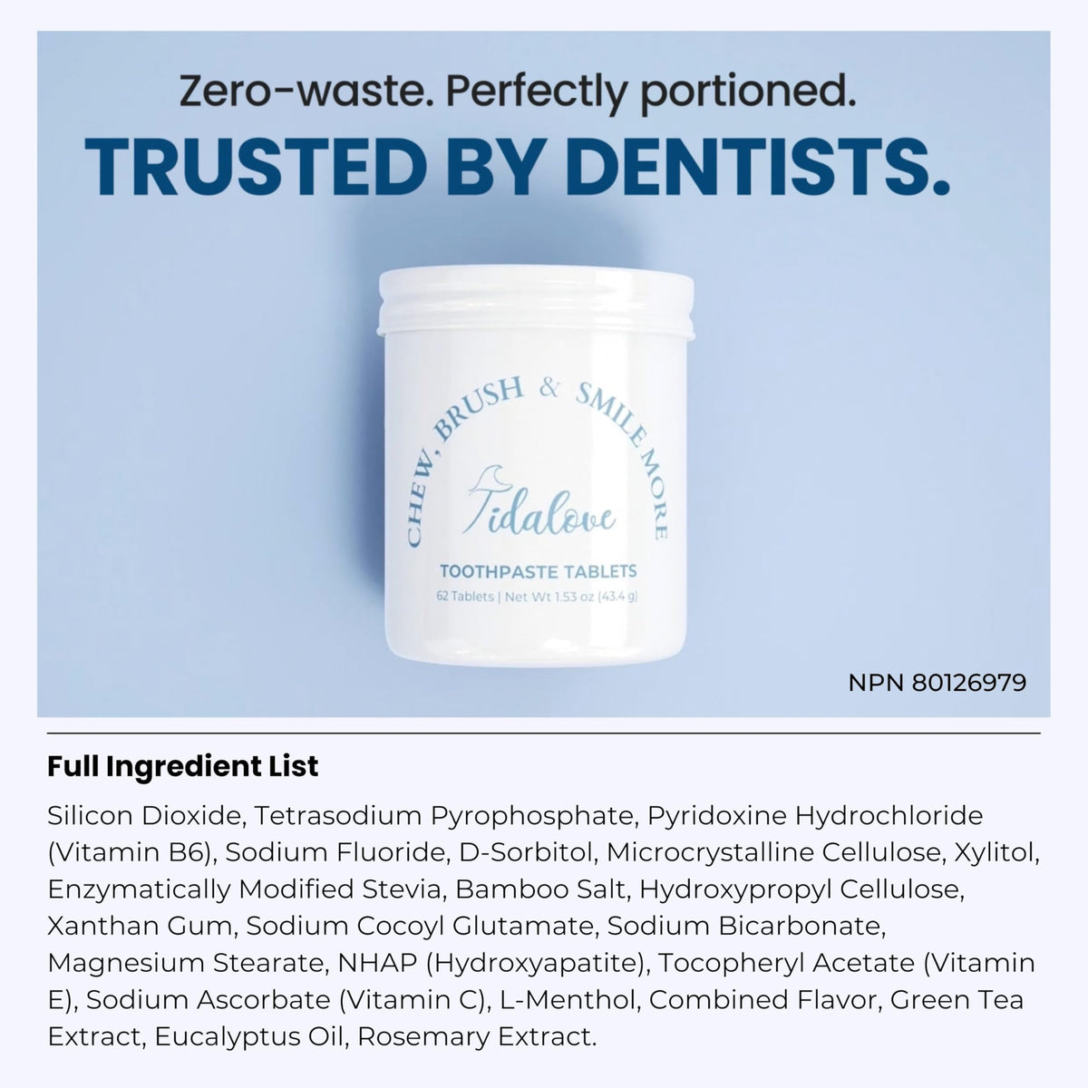 Tidalove Smile More Compresse di Dentifricio con Fluoro e Idrossiapatite (nHAp) β Vegano, Barattolo Senza Plastica