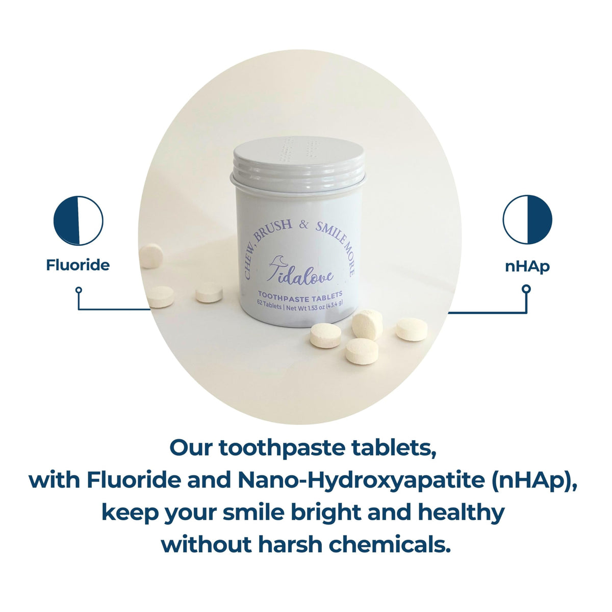 Tidalove Smile More Compresse di Dentifricio con Fluoro e Idrossiapatite (nHAp) β Vegano, Barattolo Senza Plastica