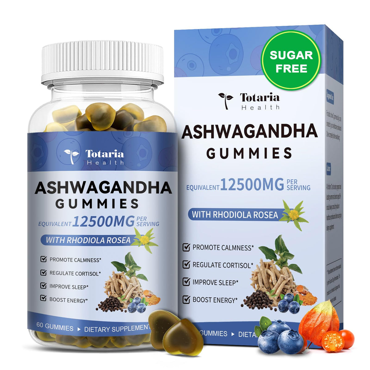 Totaria Sugar Free Ashwagandha Gummies 2500mg | Vitamin D3, Magnesium Glycinate, Rhodiola β Blueberry