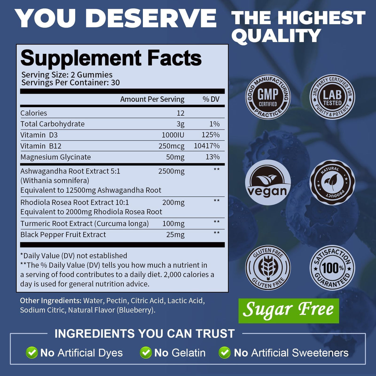 Totaria Sugar Free Ashwagandha Gummies 2500mg | Vitamin D3, Magnesium Glycinate, Rhodiola β Blueberry