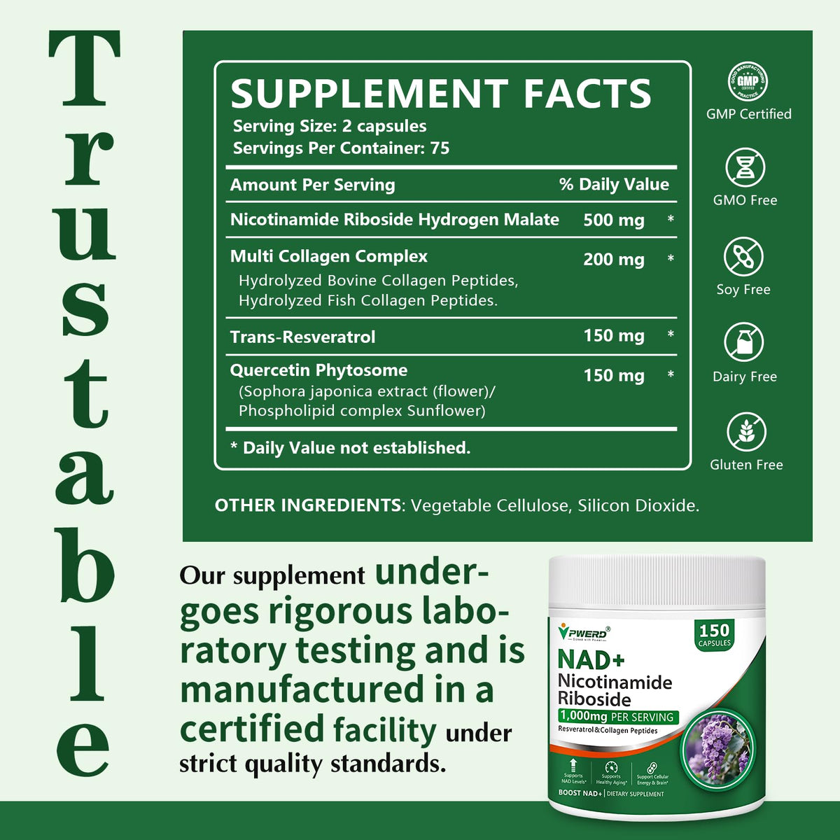 150 Caps NAD+ Trans-Resveratrol 1000mg β Pure Organic Liposomal NAD+ with Nicotinamide Riboside & Resveratrol for Women | Pwerd