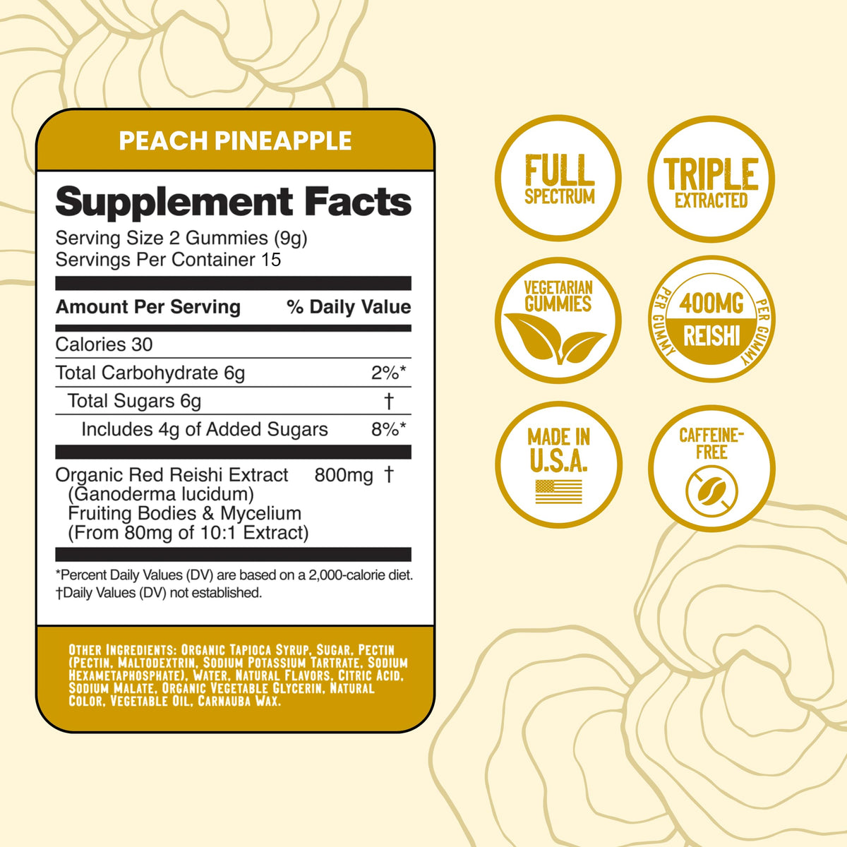Troomy Reishi Calm Gummies β Pineapple Peach Flavor, Gelatin-Free, Gluten-Free, Vegetarian | 30 Count