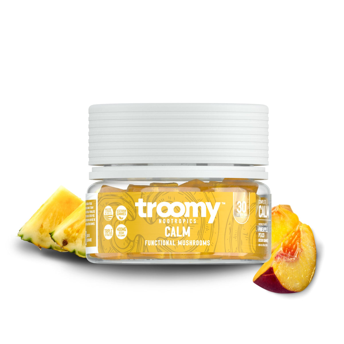Troomy Reishi Calm Gummies β Pineapple Peach Flavor, Gelatin-Free, Gluten-Free, Vegetarian | 30 Count