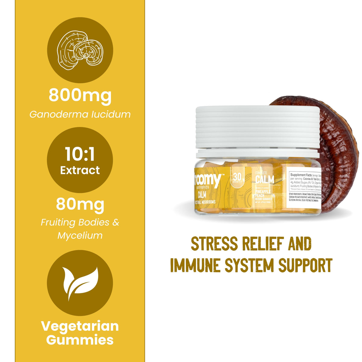 Troomy Reishi Calm Gummies β Pineapple Peach Flavor, Gelatin-Free, Gluten-Free, Vegetarian | 30 Count