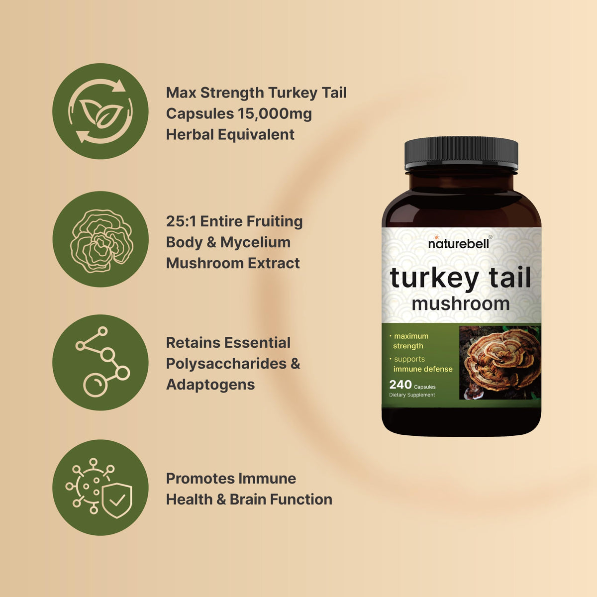 كبسولات فطر ذيل الديك الرومي من NatureBell - 15,000 ملجم لكل جرعة | 240 كبسولة | مستخلص بتركيز 25:1 لدعم المناعة وصحة الدماغ