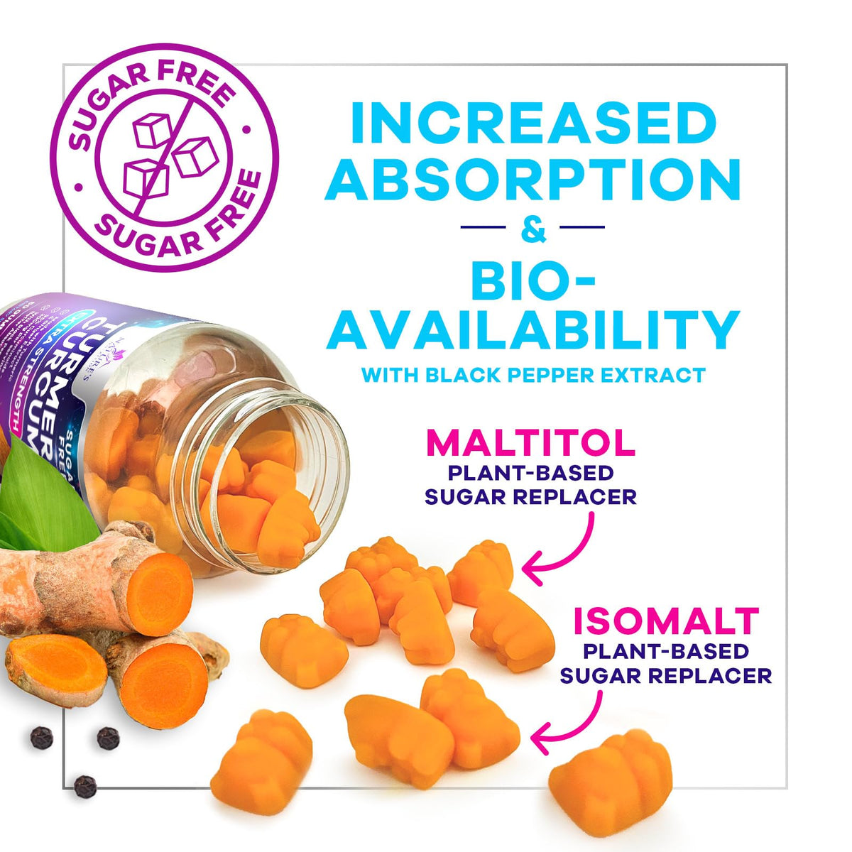 Turmeric Curcumin Gummies Sugar Free 95% Curcuminoids, Black Pepper, Peach
