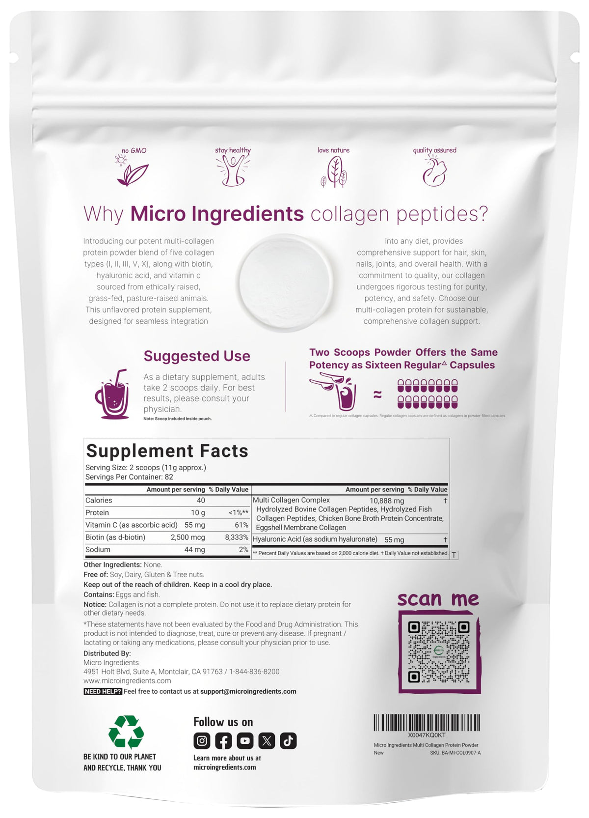 Micro Ingredients Multi Collagen Peptides Powder 2lb β Full Spectrum Types I, II, III, V, X + Hyaluronic Acid, Biotin & Vitamin C | Unflavored | Keto & Paleo | Non-GMO