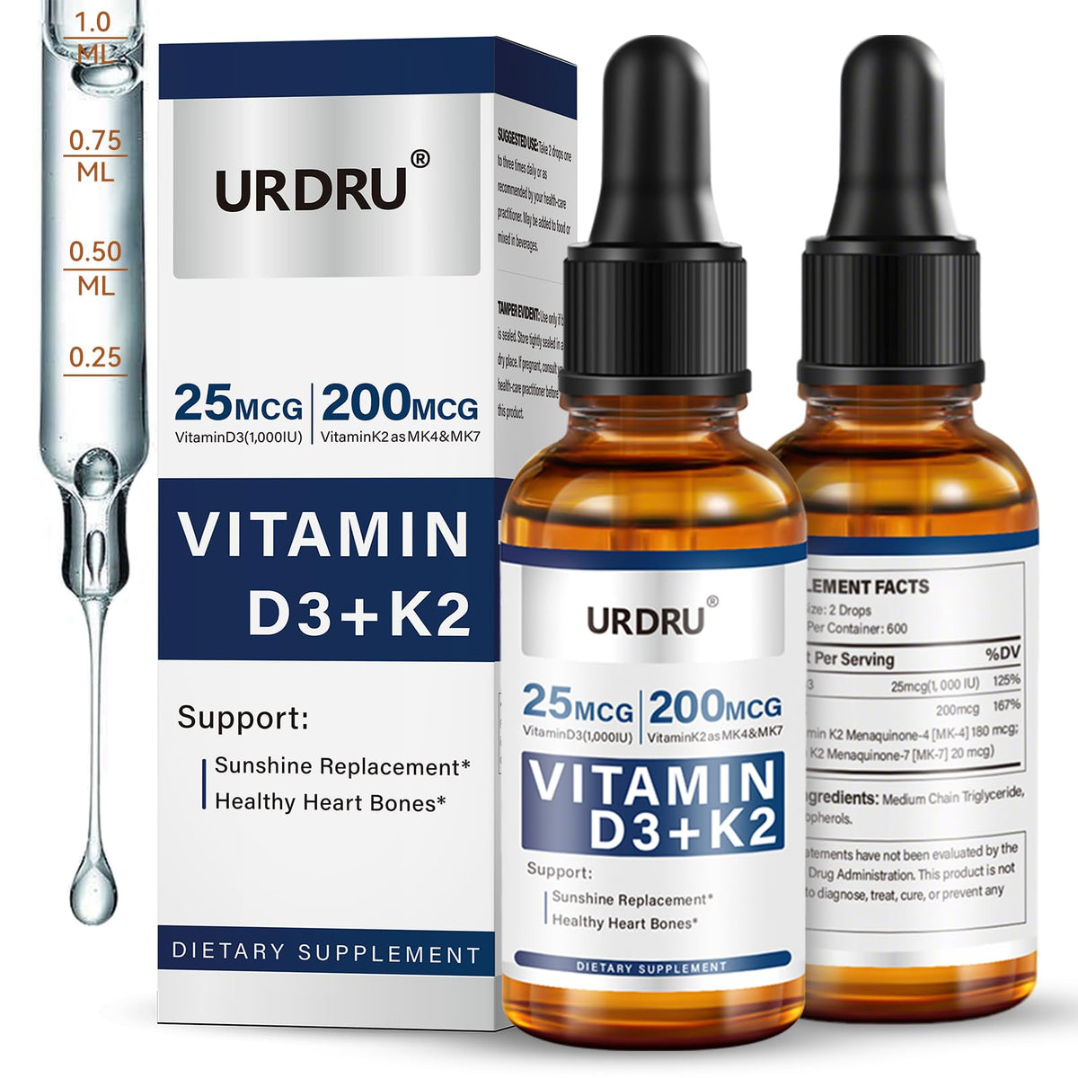 URDRU (2 Pack) Vitamin D3 K2 Liquid Drops β 2 Fl Oz | 1,000 IU D3 & 200 mcg K2 for Immune & Bone Health