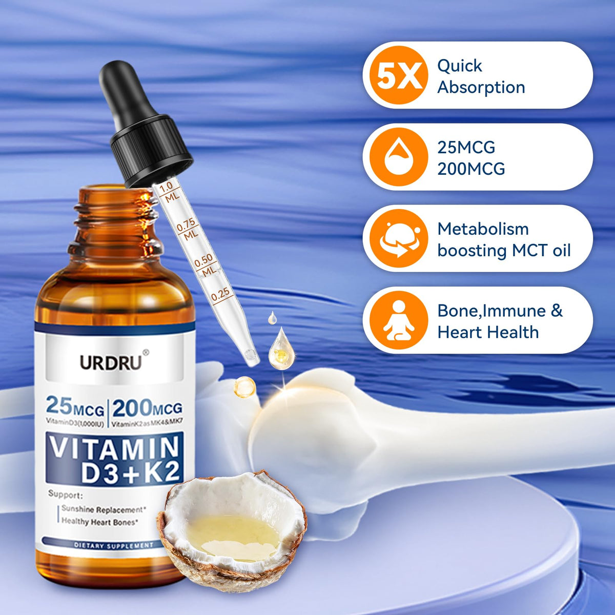 URDRU (2 Pack) Vitamin D3 K2 Liquid Drops β 2 Fl Oz | 1,000 IU D3 & 200 mcg K2 for Immune & Bone Health