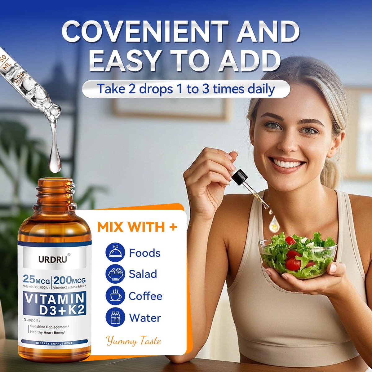 URDRU (2 Pack) Vitamin D3 K2 Liquid Drops β 2 Fl Oz | 1,000 IU D3 & 200 mcg K2 for Immune & Bone Health