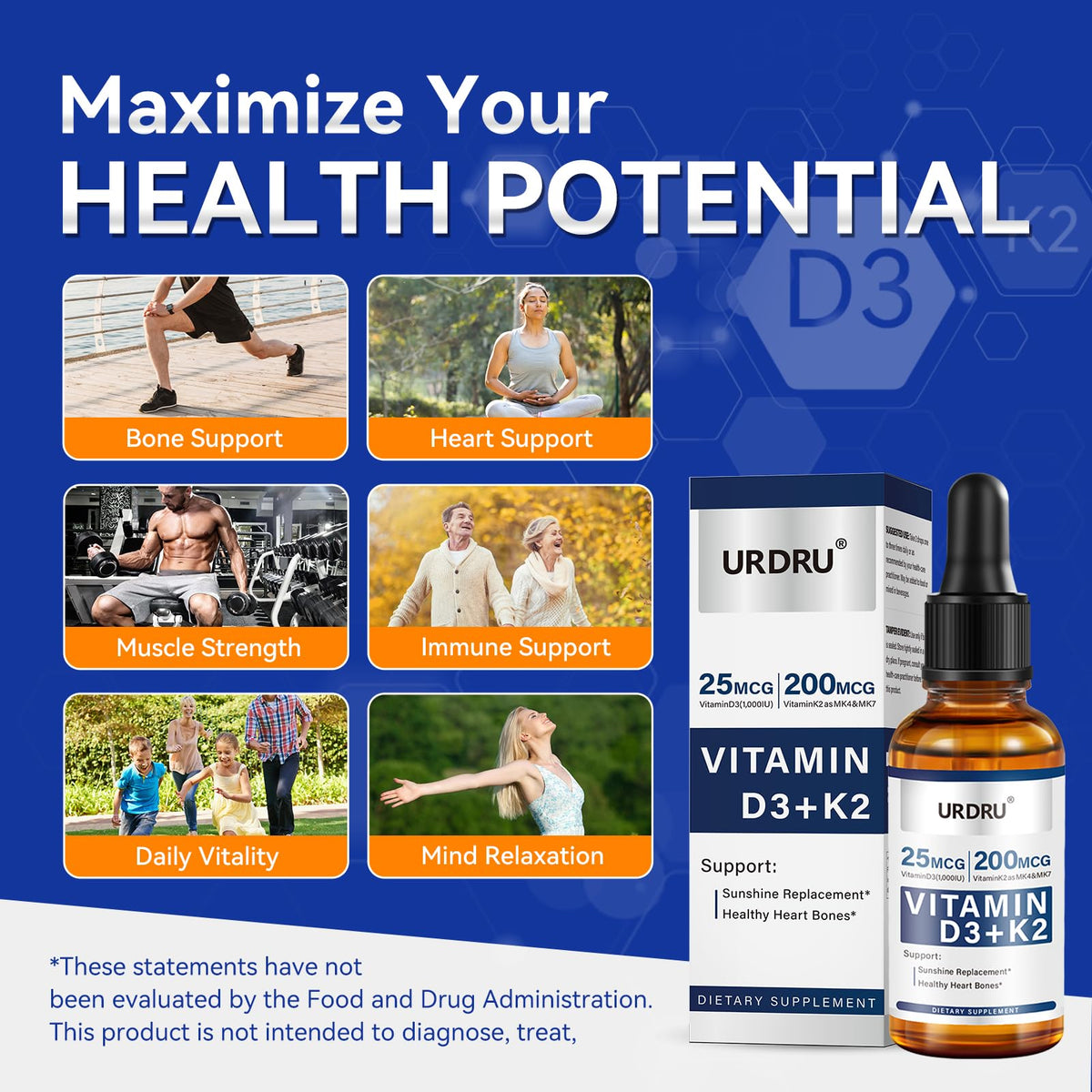 URDRU (2 Pack) Vitamin D3 K2 Liquid Drops β 2 Fl Oz | 1,000 IU D3 & 200 mcg K2 for Immune & Bone Health