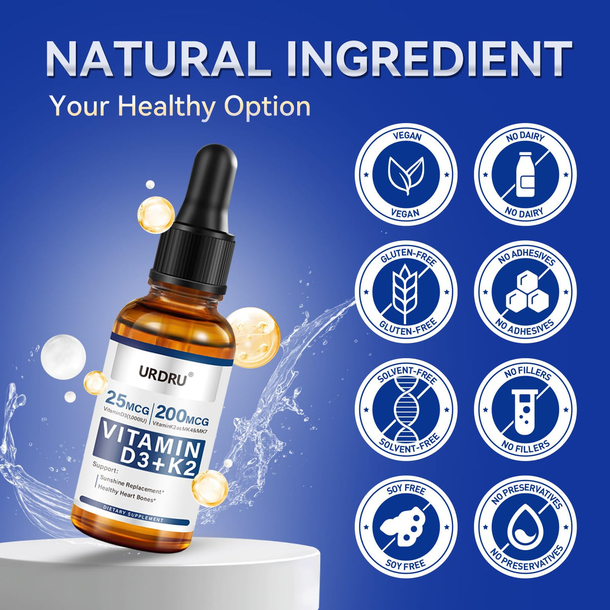 URDRU (2 Pack) Vitamin D3 K2 Liquid Drops β 2 Fl Oz | 1,000 IU D3 & 200 mcg K2 for Immune & Bone Health