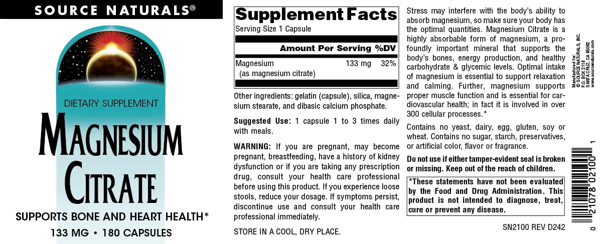 Source Naturals Magnesium Citrate 133 mg β 180 Capsules | Supports Bone & Heart Health