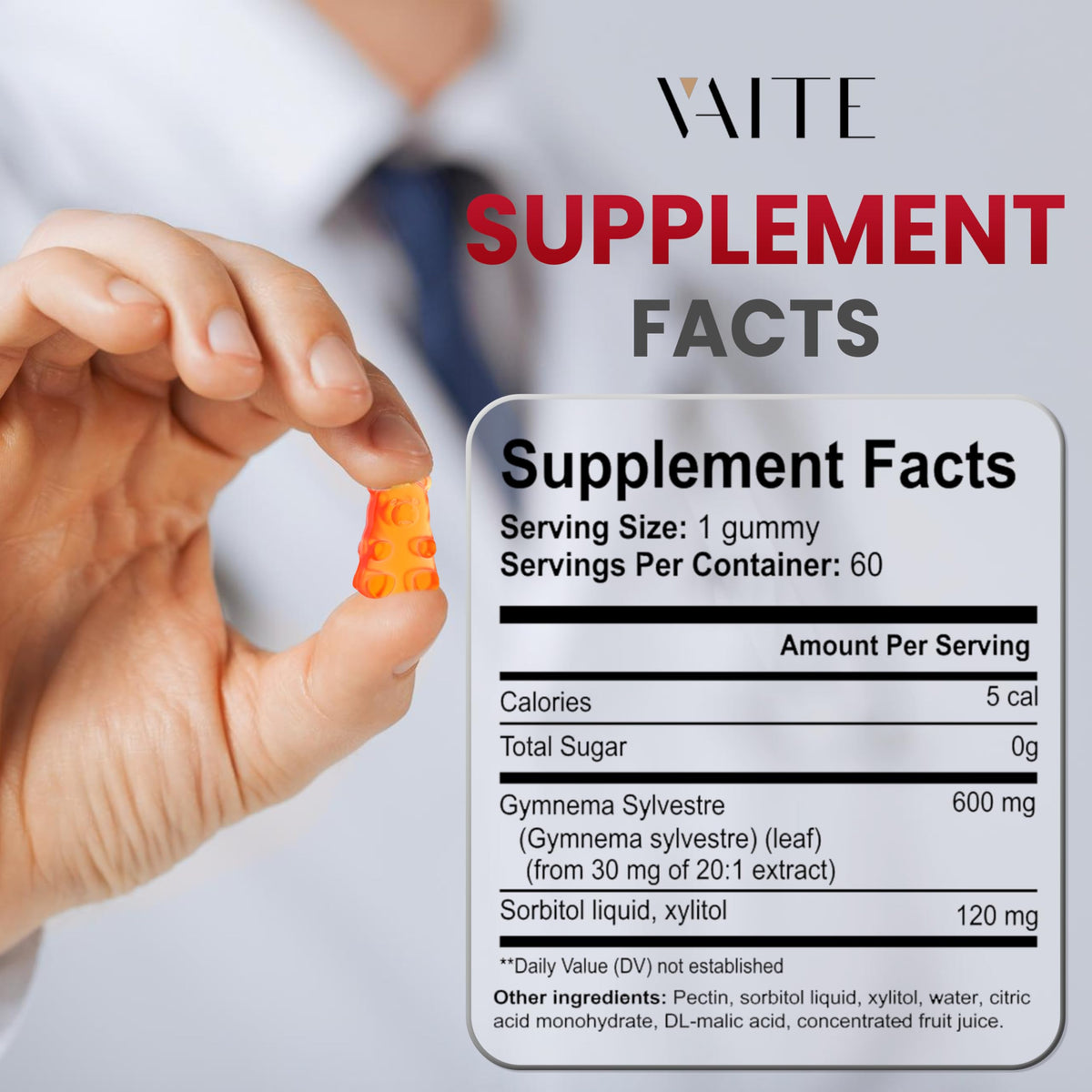 VAITE Gymnema Sylvestre Gummies 600mg β 60 Chews, Non-GMO, Gluten-Free