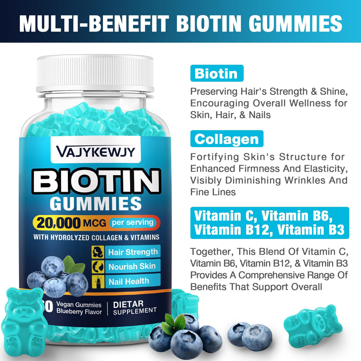 VAJYKEWJY 2 Pack Vegan Biotin Gummies β 20,000 mcg per Serving, Hair Skin Nails | 120 Gummies