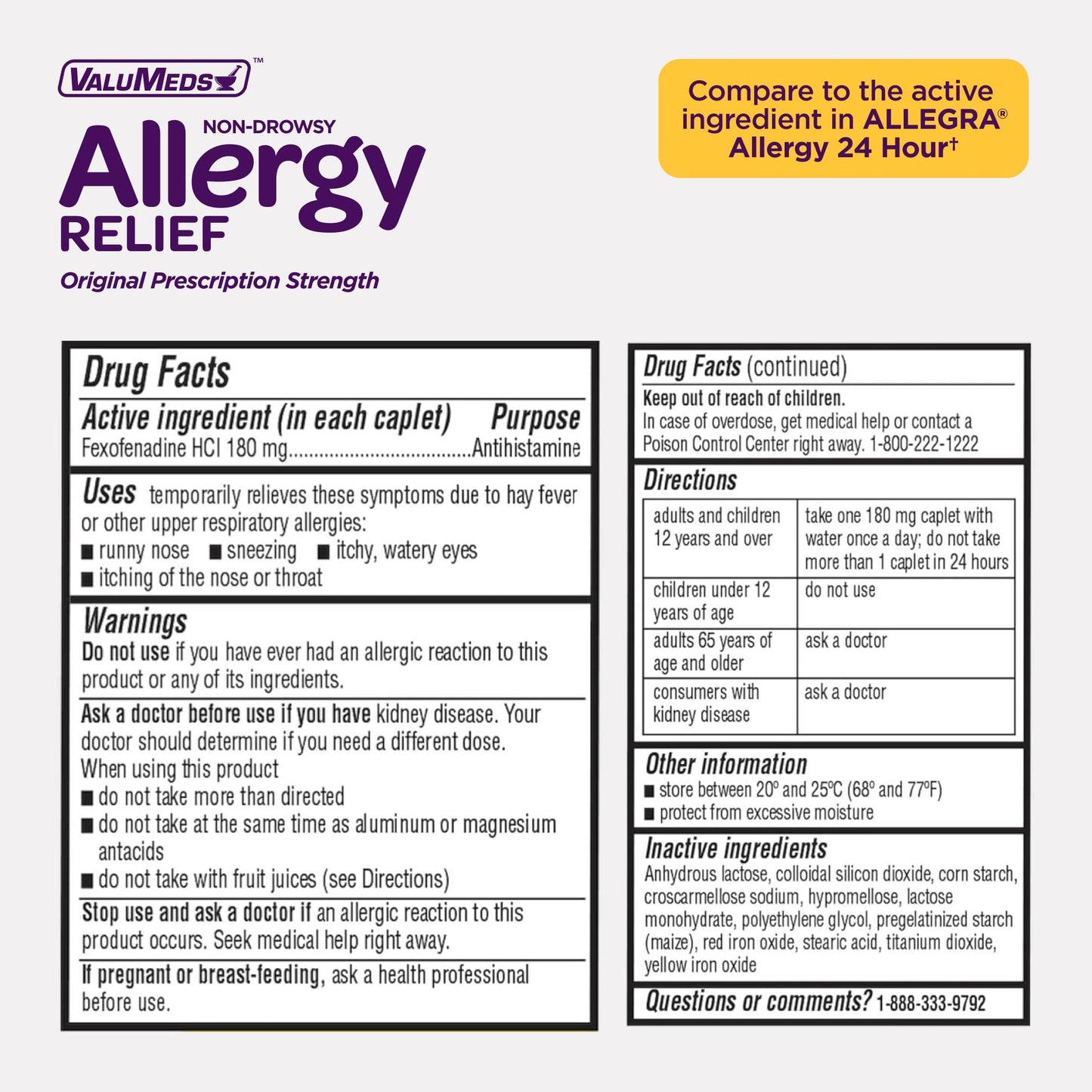 ValuMeds Compare to Allegra | Fexofenadine HCl 180mg | 24-Hour Non-Drowsy Allergy Relief (100 Count)