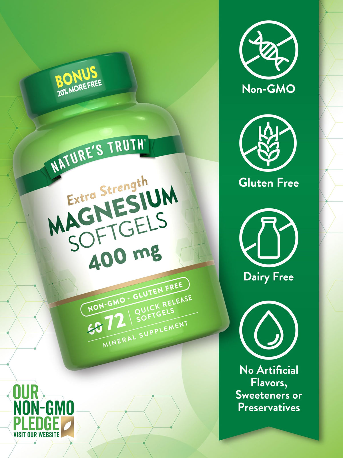 Nature's Truth Magnesium 400mg – 72 كبسولة هلامية | قوة مضاعفة، غير معدّل وراثيًا، خالٍ من الغلوتين