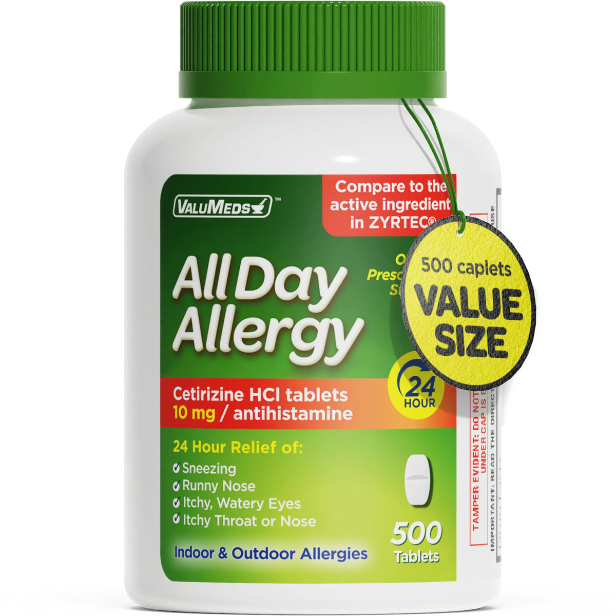 ValuMeds Farmaco Antiallergico 24 ore Cetirizina HCl 10 mg – 500 Compresse, Sollievo dal Polline Senza Sonnolenza