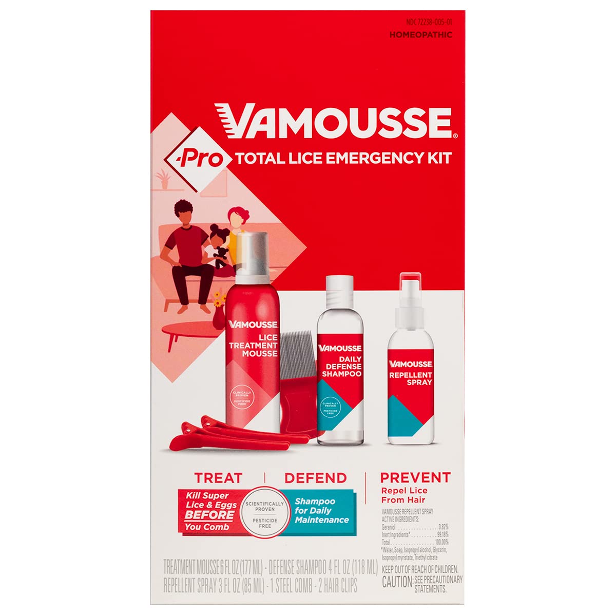Vamousse PRO Kit di emergenza per pidocchi – Mousse ad azione rapida, shampoo quotidiano, repellente e pettine per tutte le età