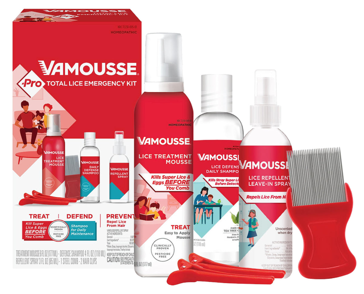 Vamousse PRO Kit di emergenza per pidocchi – Mousse ad azione rapida, shampoo quotidiano, repellente e pettine per tutte le età