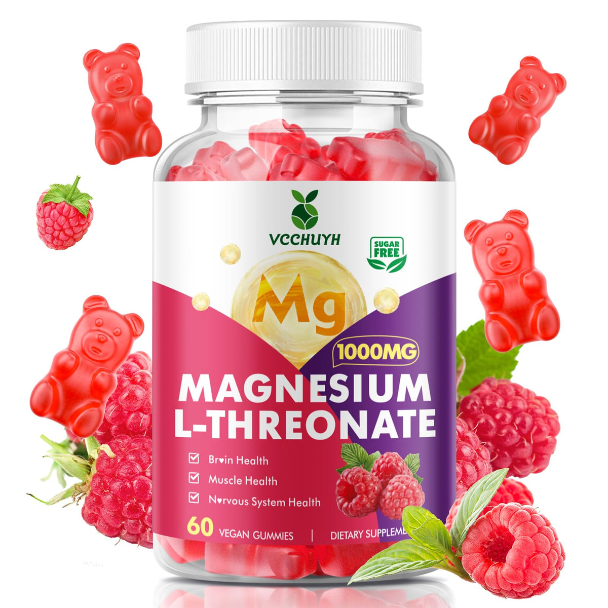 VCCHUYH Magnesium Threonate Gummies β 1000mg, Raspberry, for Kids & Adults