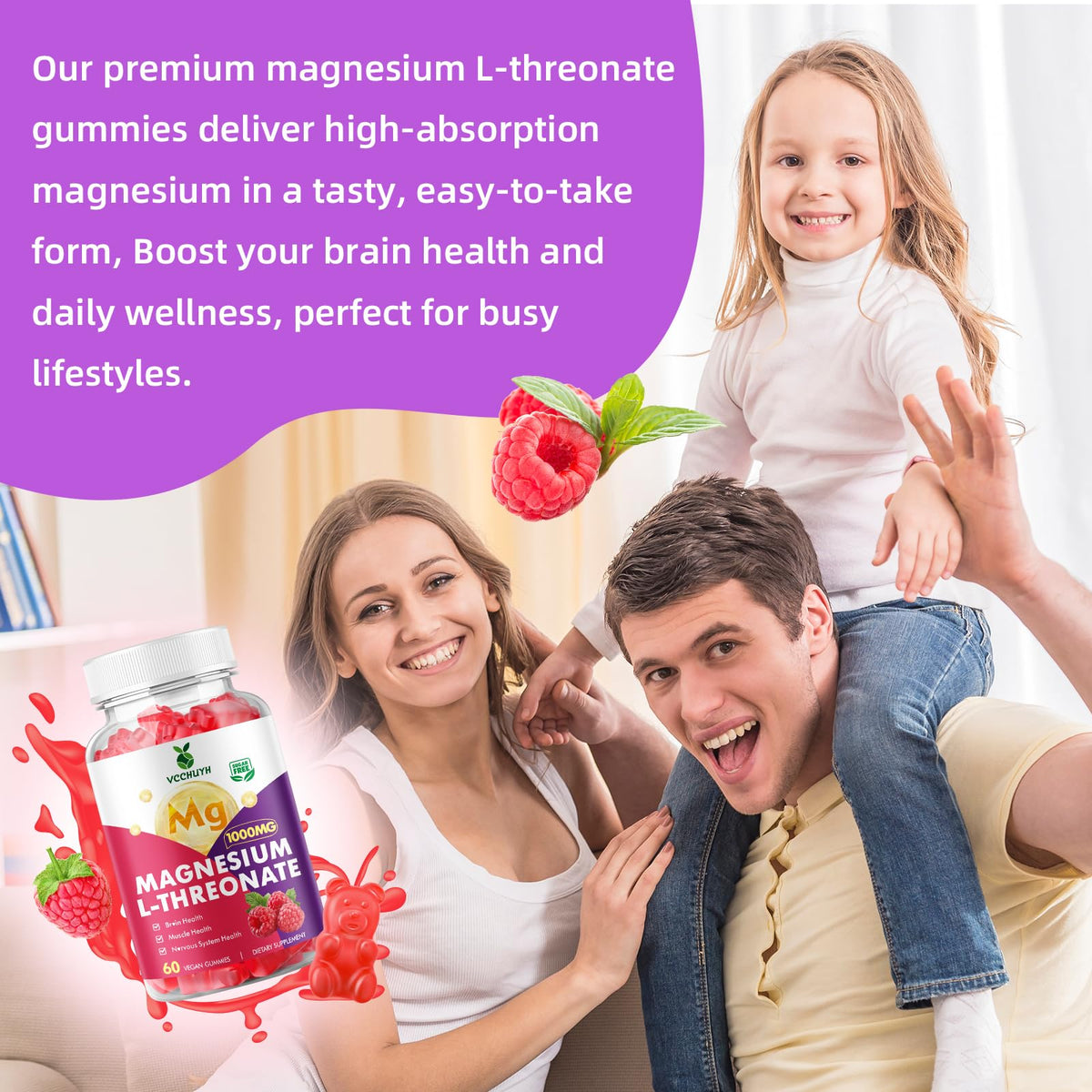 VCCHUYH Magnesium Threonate Gummies β 1000mg, Raspberry, for Kids & Adults