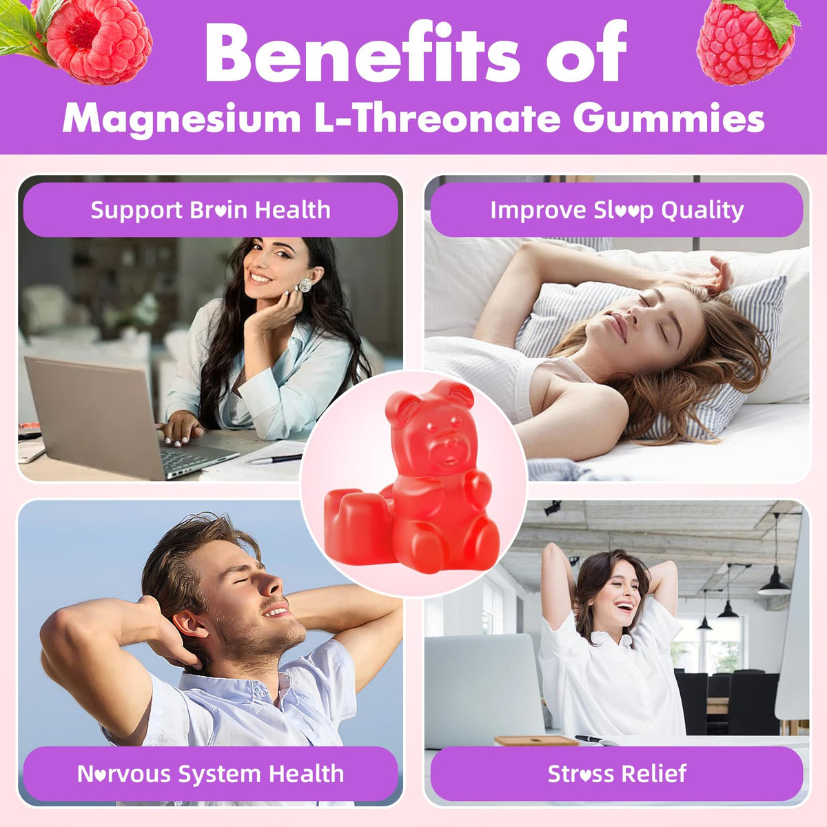 VCCHUYH Magnesium Threonate Gummies β 1000mg, Raspberry, for Kids & Adults