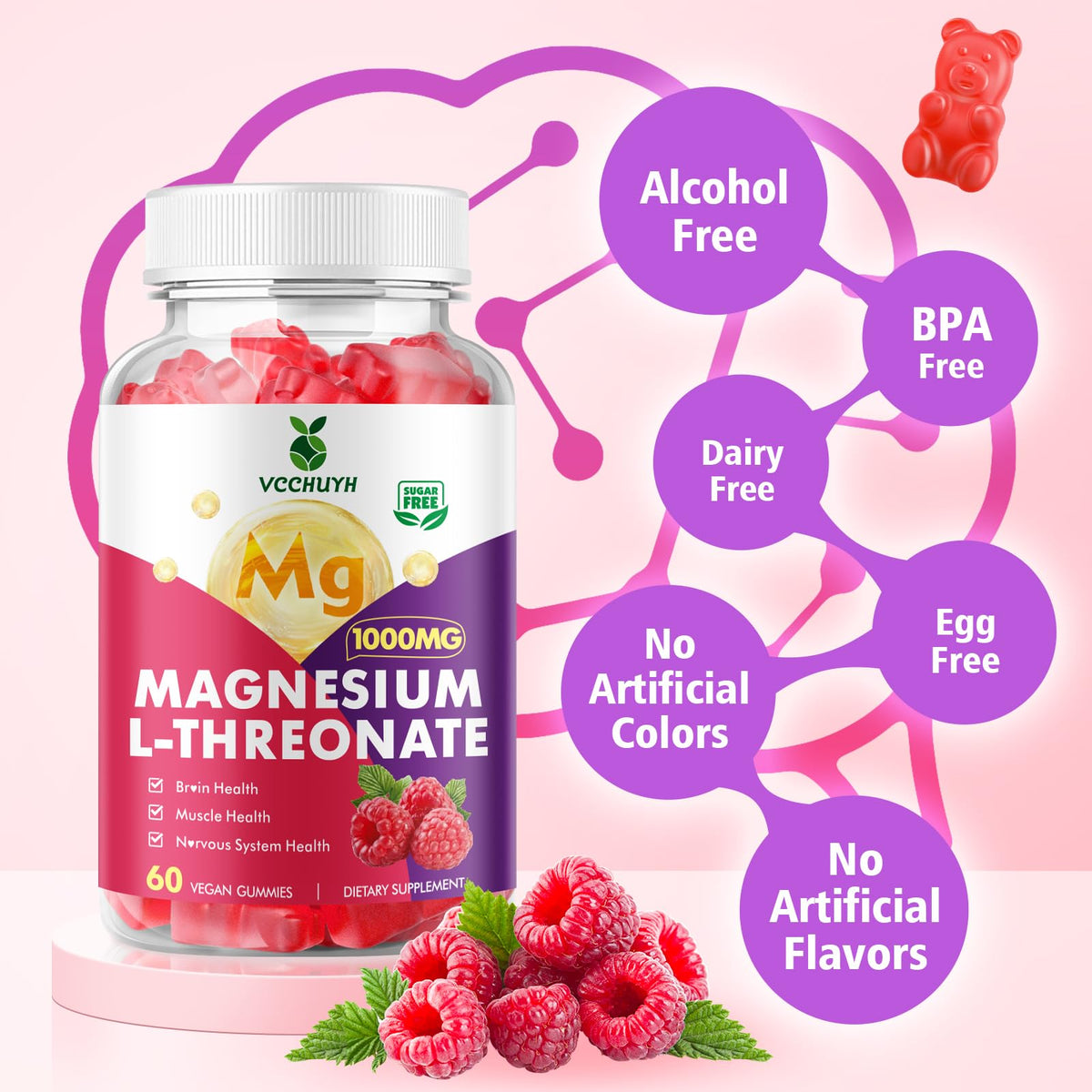 VCCHUYH Magnesium Threonate Gummies β 1000mg, Raspberry, for Kids & Adults