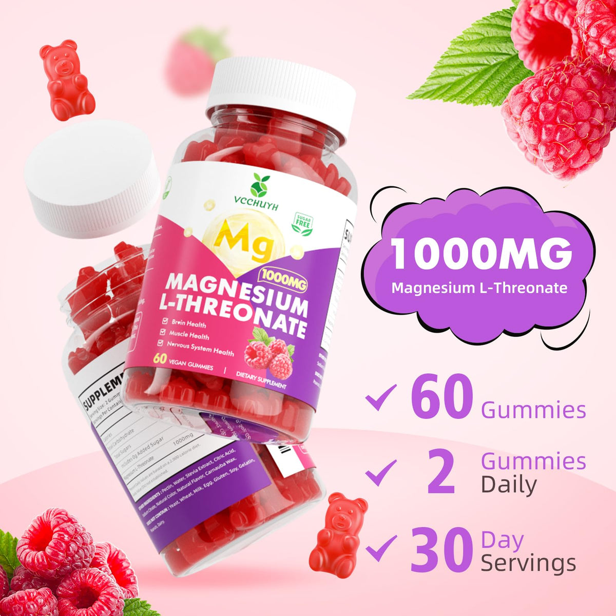 VCCHUYH Magnesium Threonate Gummies β 1000mg, Raspberry, for Kids & Adults