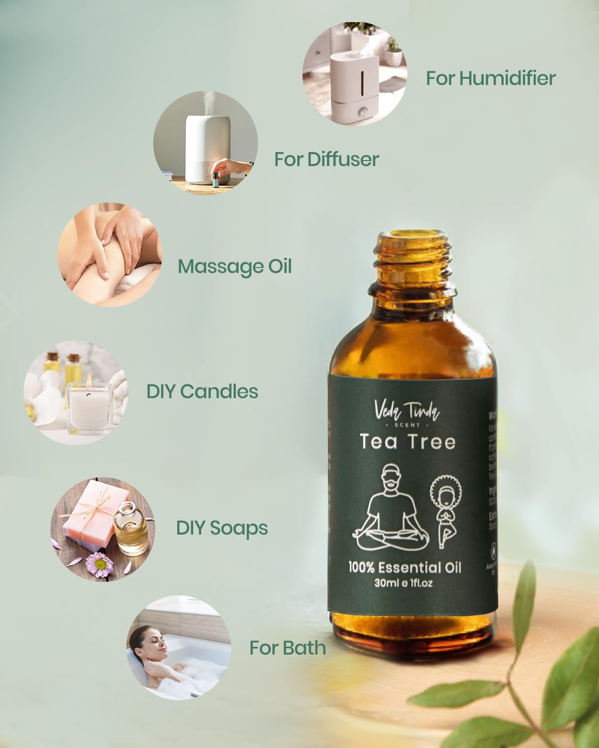 VEDA TINDA SCENT Tea Tree Oil with Dropper β 3x1oz for Diffuser & Skin/Hair Care