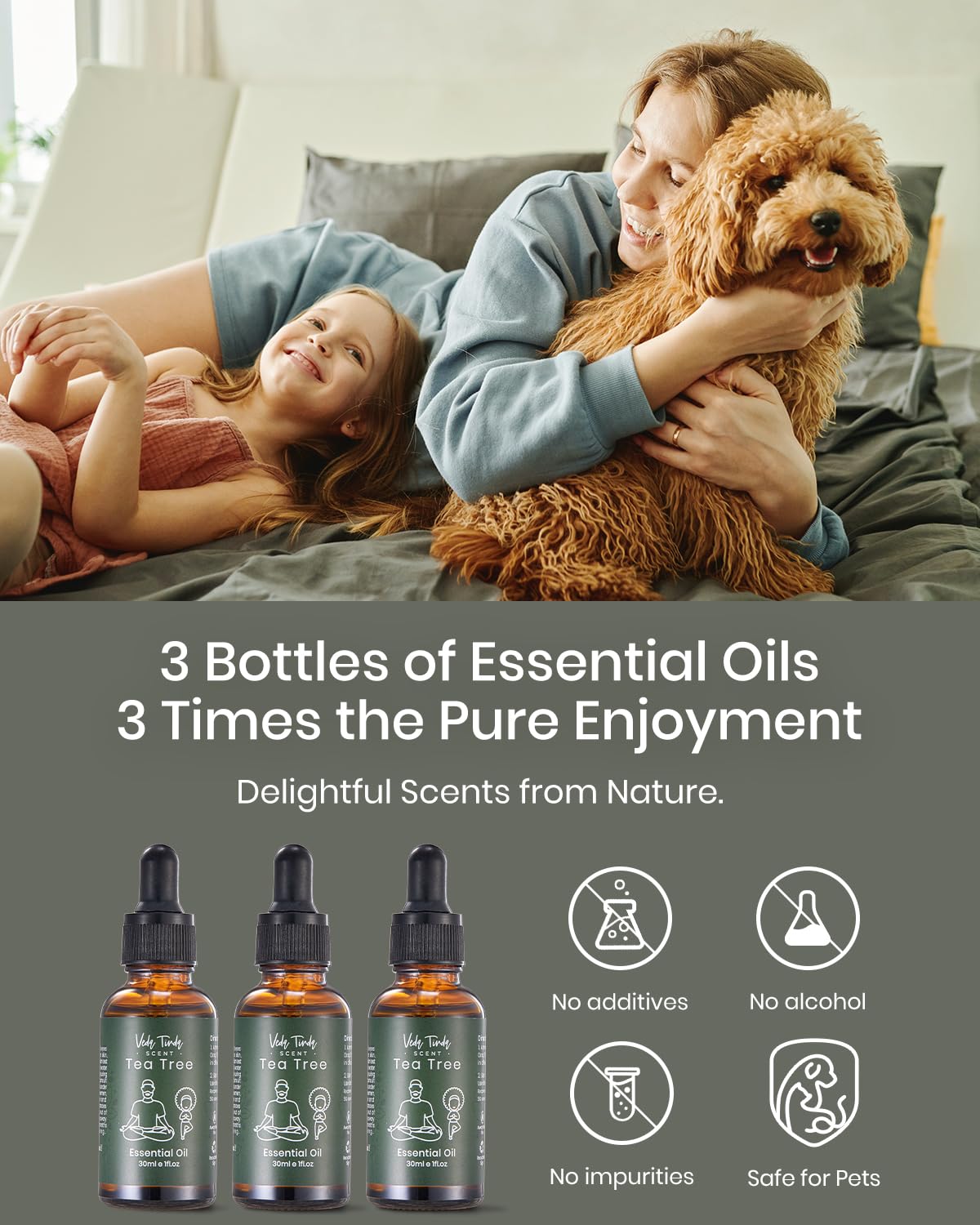 VEDA TINDA SCENT Tea Tree Oil with Dropper β 3x1oz for Diffuser & Skin/Hair Care