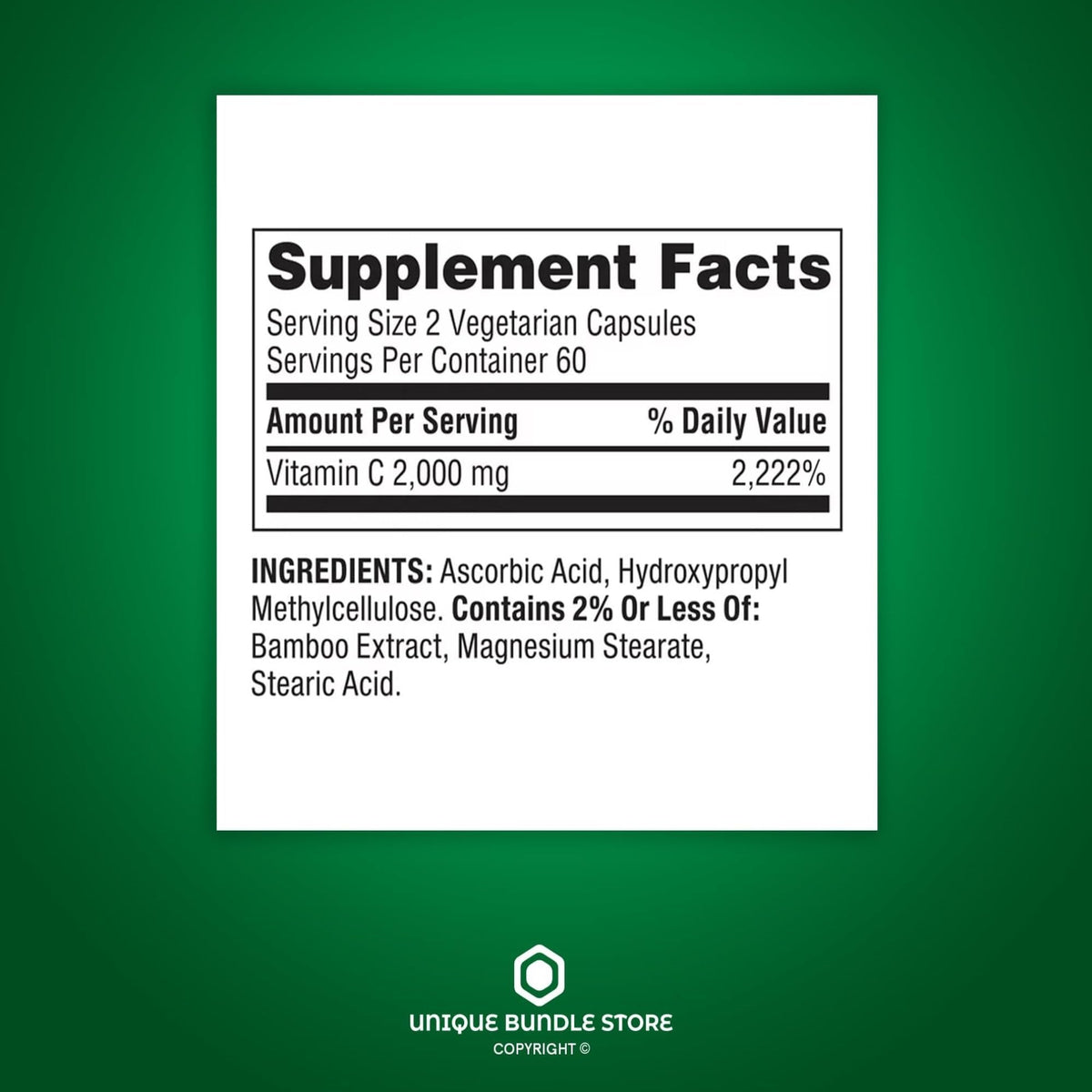 Ultra Strength Vitamin C 2000mg - 120 Capsules | Vegan Dietary Supplement