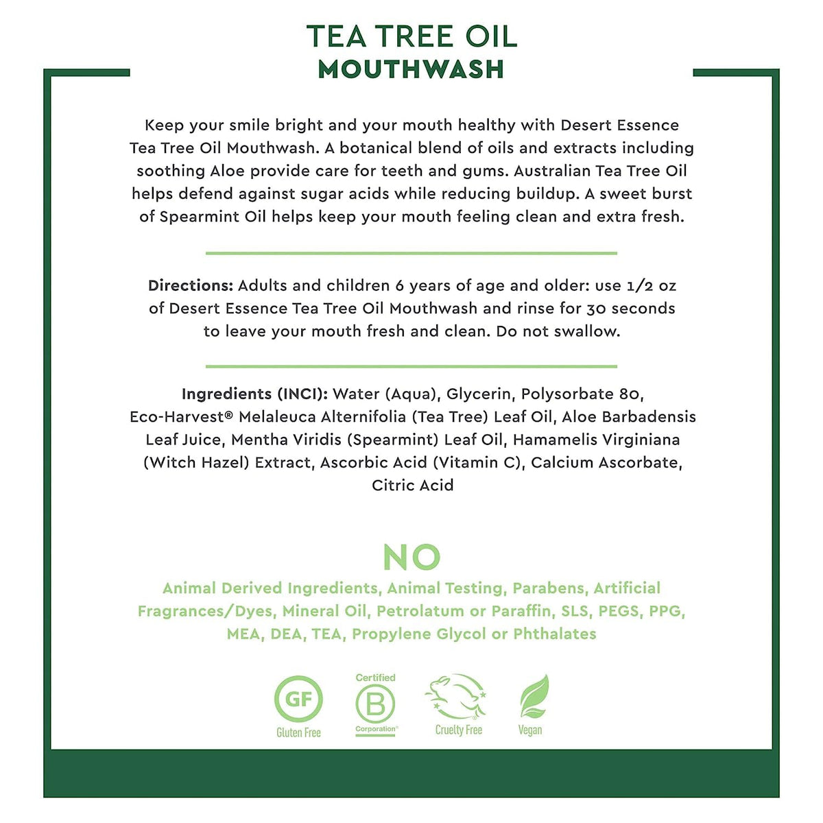 Desert Essence Sugar-Free Alcohol-Free Mouthwash with Tea Tree Oil & Aloe – Spearmint, 8oz | Vegan, Non-GMO, SLS-Free