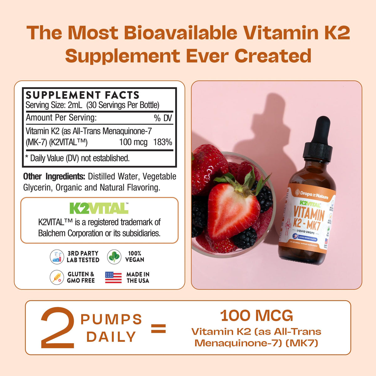 Vitamin K2 MK7 Liquid β 100 mcg, Vegan & Non-GMO, 60ml Berry Flavor | Bone & Cardiovascular Support