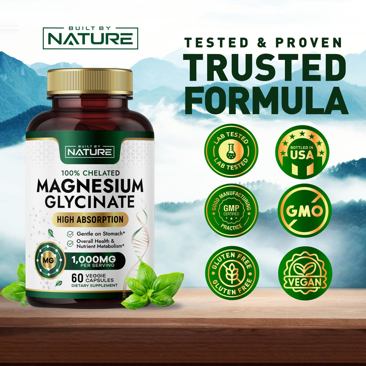 Built By Nature Magnesium Glycinate 1000mg - عالي الامتصاص، مخلّب 100%، لطيف على المعدة | 60 كبسولة