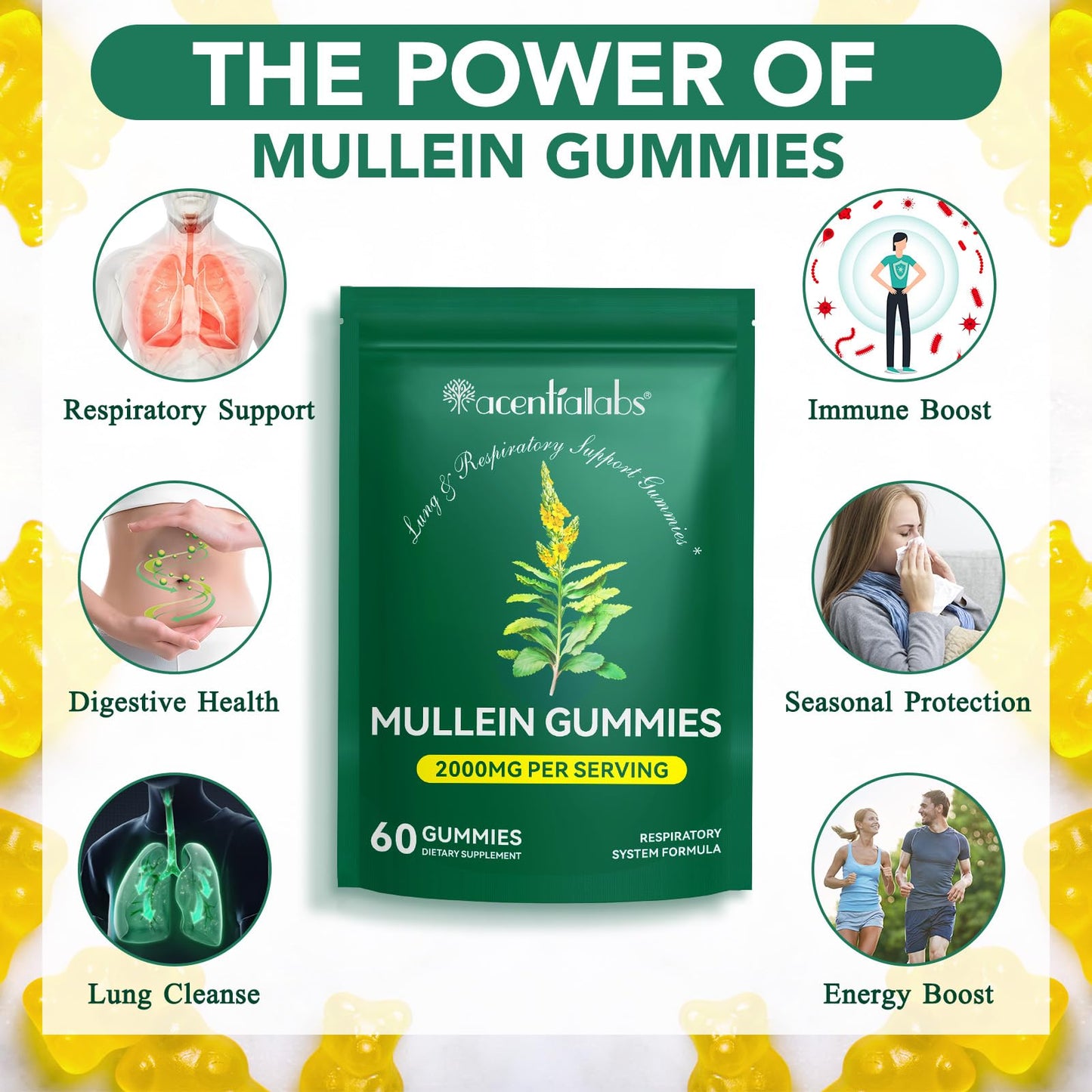 Mullein Gummies - Mullein Leaf Extract for Lungs, 2000mg Mullein Gummies for Lungs Detox, Respiratory Digestive Immune Support, 60 Count