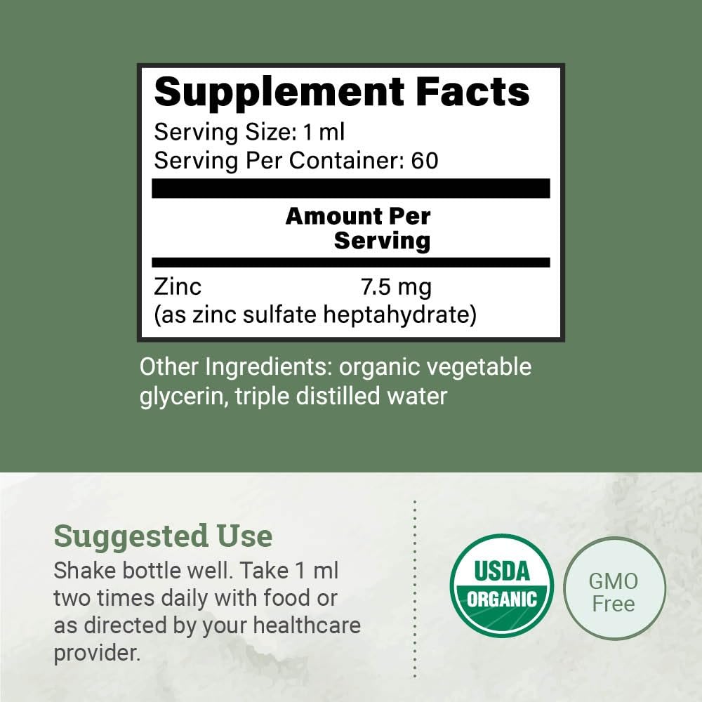 Organic Liquid Zinc Sulfate β Vegan, Non-GMO, 2 oz (7.5 mg) for Skin, Immunity & Cell Growth