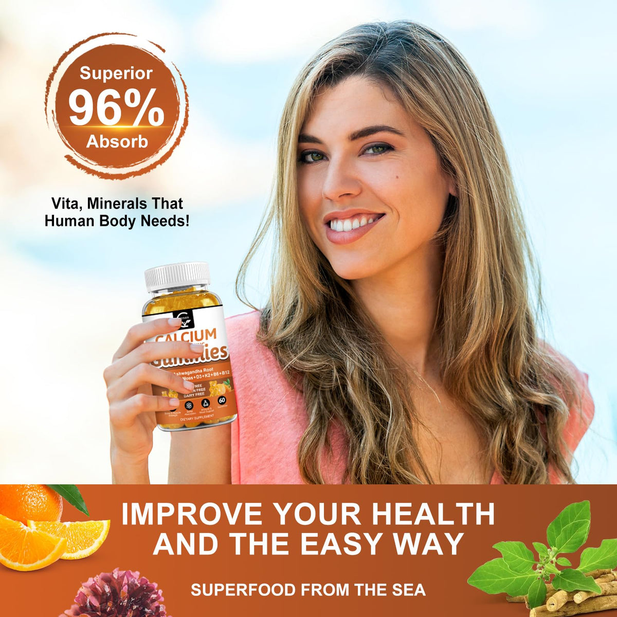 1200mg Calcium Gummies with D3, K2, B12 & B6 β Plant Complex Calcium Magnesium with Sea Moss