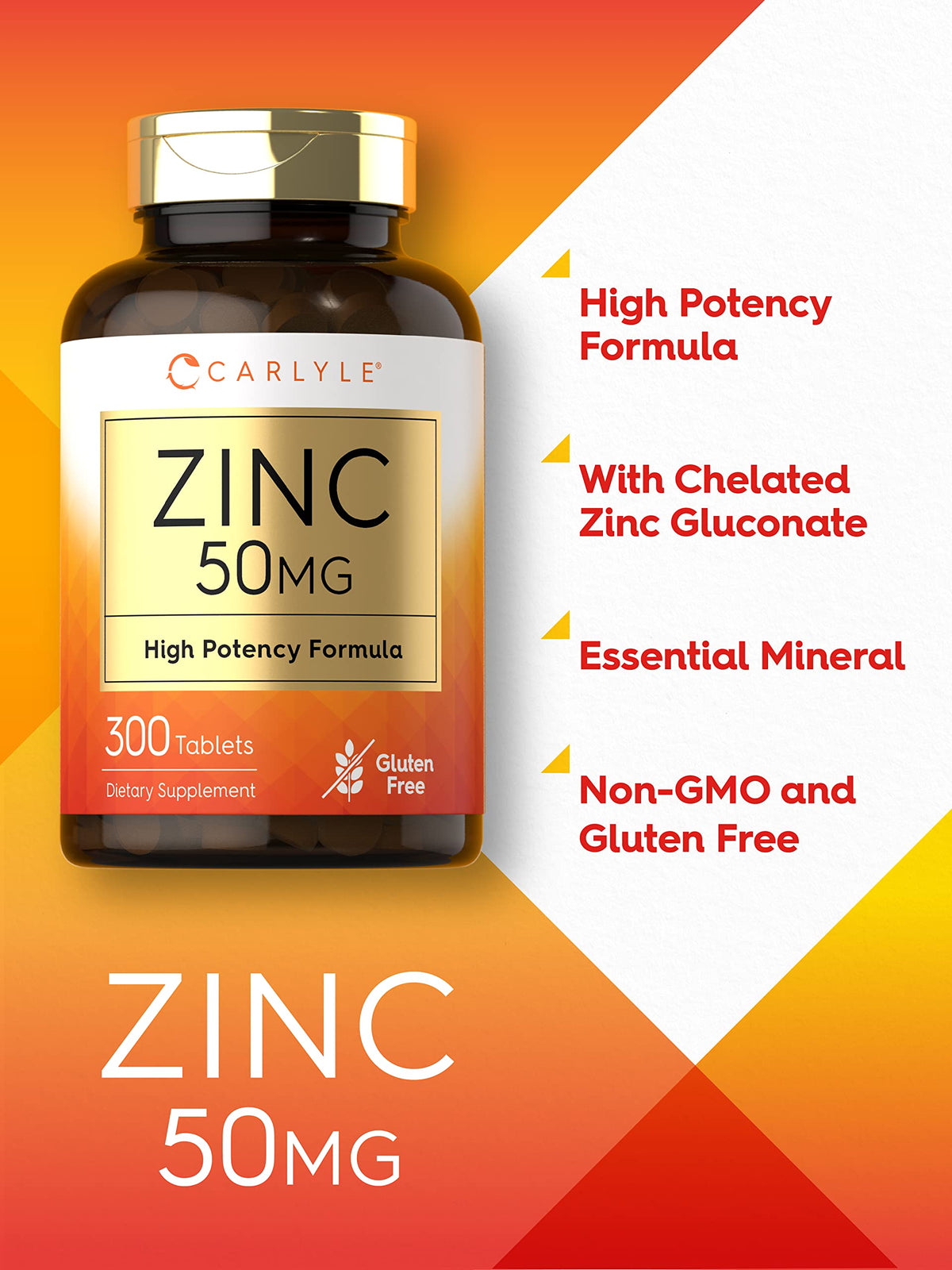 Carlyle Zinc 50mg β 300 Tablets | Vegetarian, Non-GMO, Gluten Free | Zinc Gluconate | High Potency
