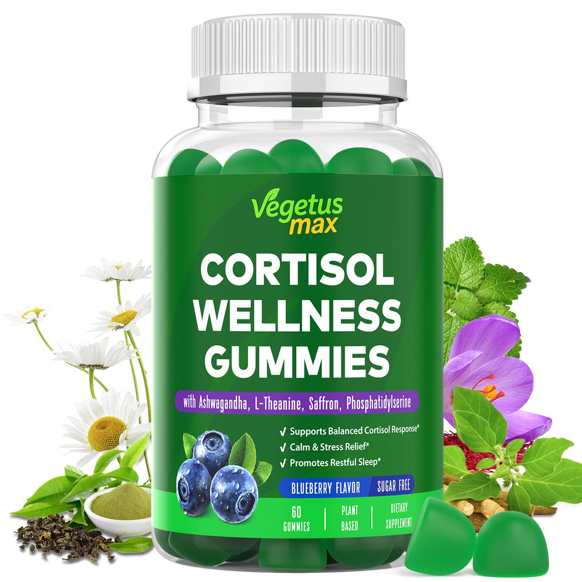 VEGETUSMAX Cortisol Gummies β Low Cortisol Support for Women, Sleep & Stress Relief, Vegan