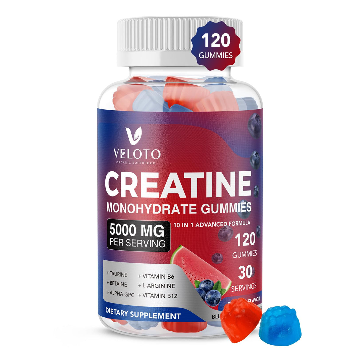 VELOTO Creatine Monohydrate Gummies 5g β 120 Count, 10-in-1 Pre-Workout