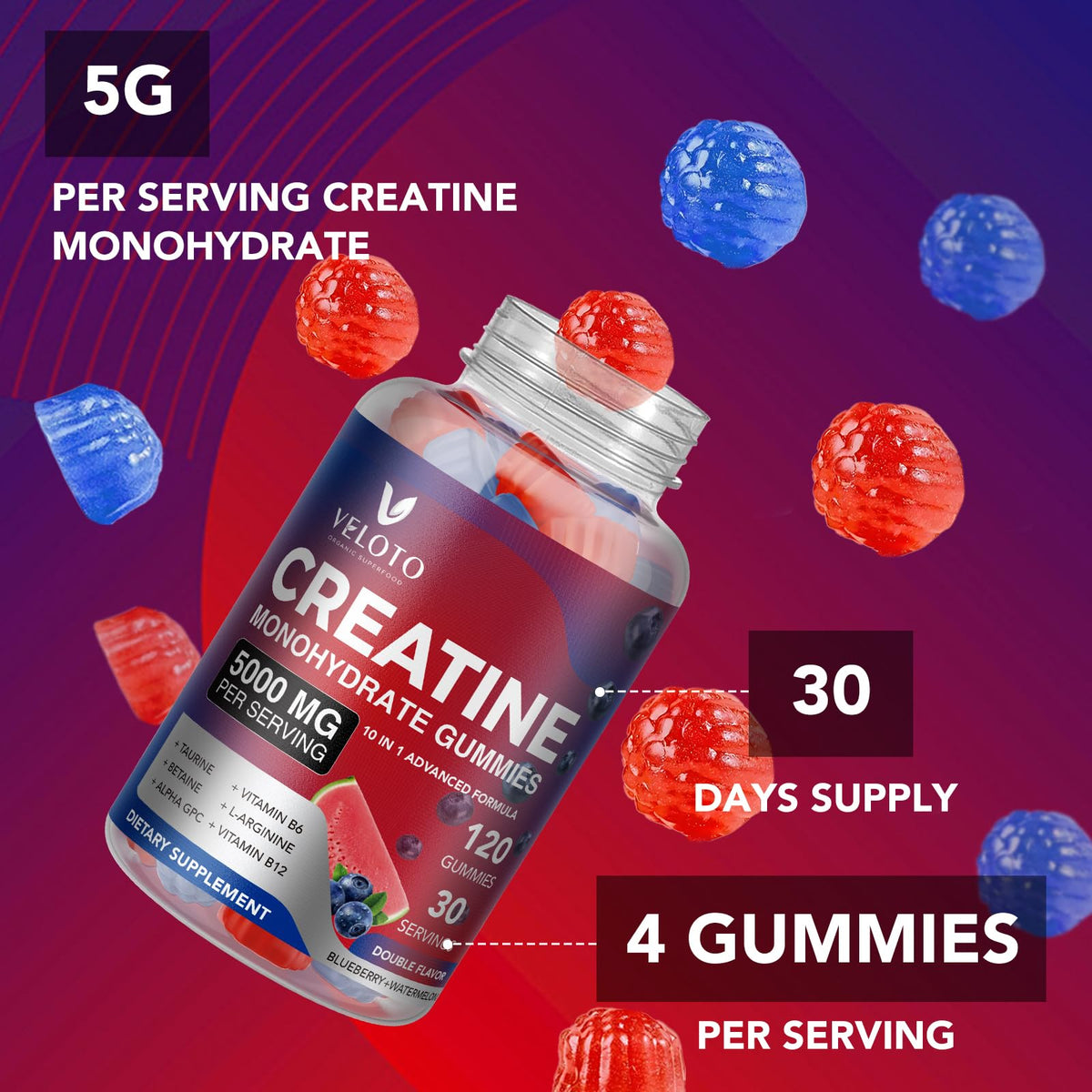 VELOTO Creatine Monohydrate Gummies 5g β 120 Count, 10-in-1 Pre-Workout