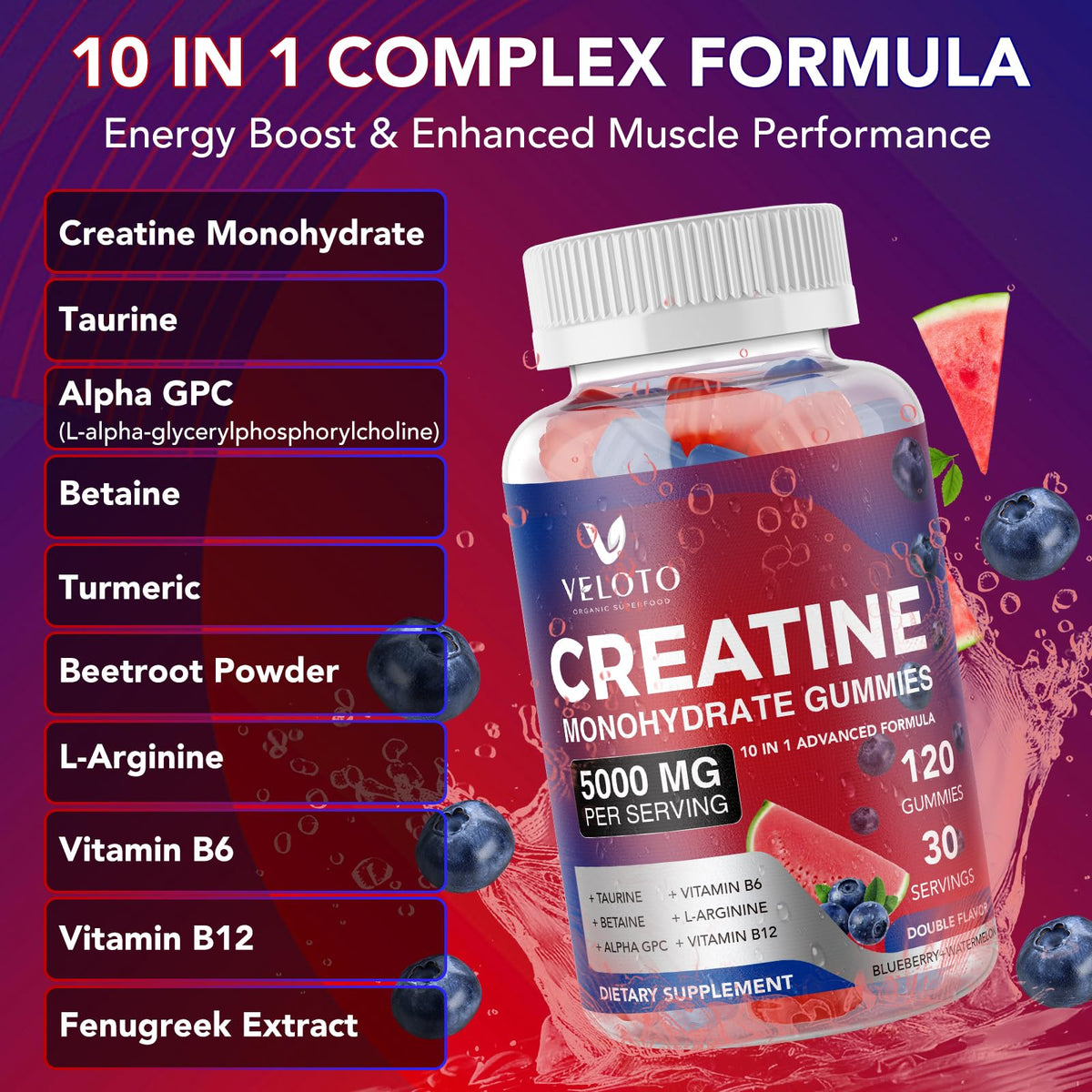 VELOTO Creatine Monohydrate Gummies 5g β 120 Count, 10-in-1 Pre-Workout