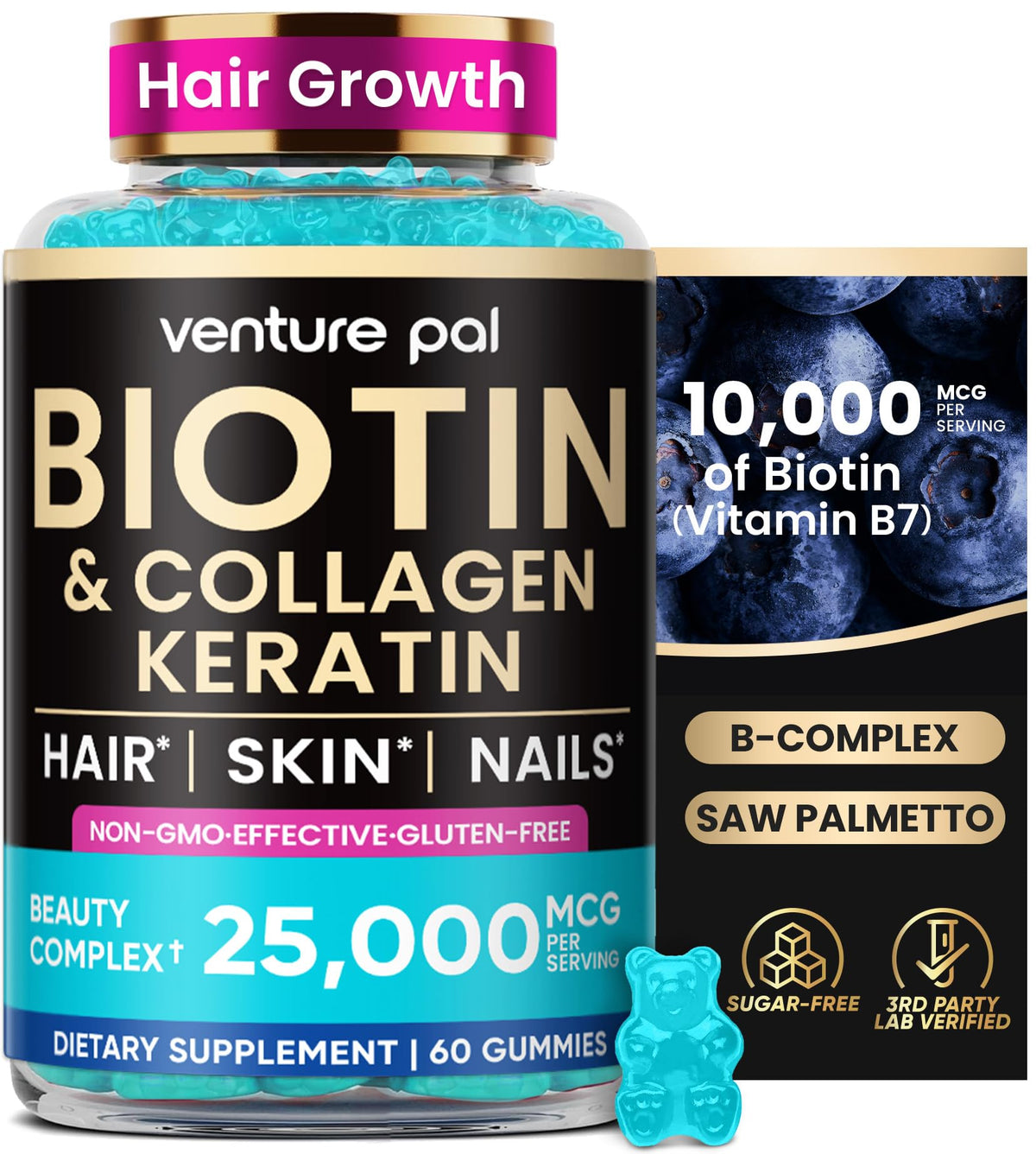 Venture Pal Biotin Gummies with Collagen & Keratin β 10,000 mcg Biotin, Hair, Skin & Nails Support, Sugar Free, Non-GMO, 60ct