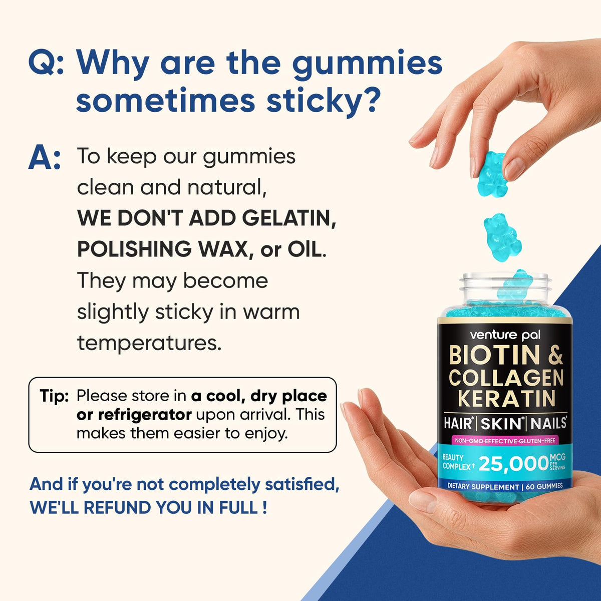 Venture Pal Biotin Gummies with Collagen & Keratin β 10,000 mcg Biotin, Hair, Skin & Nails Support, Sugar Free, Non-GMO, 60ct